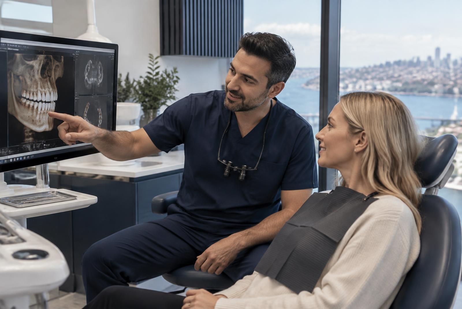 Dentist reviewing a dental scan with an international patient